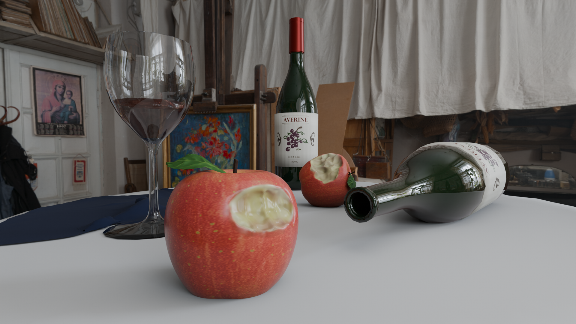  Dinner for who?  , Blender, Adobe Photoshop, 2025.

 First 3D project in Blender using Cycles for rendering a photorealistic image. The wine bottle label was created in Adobe Photoshop to transfer to the UV wrap. 
