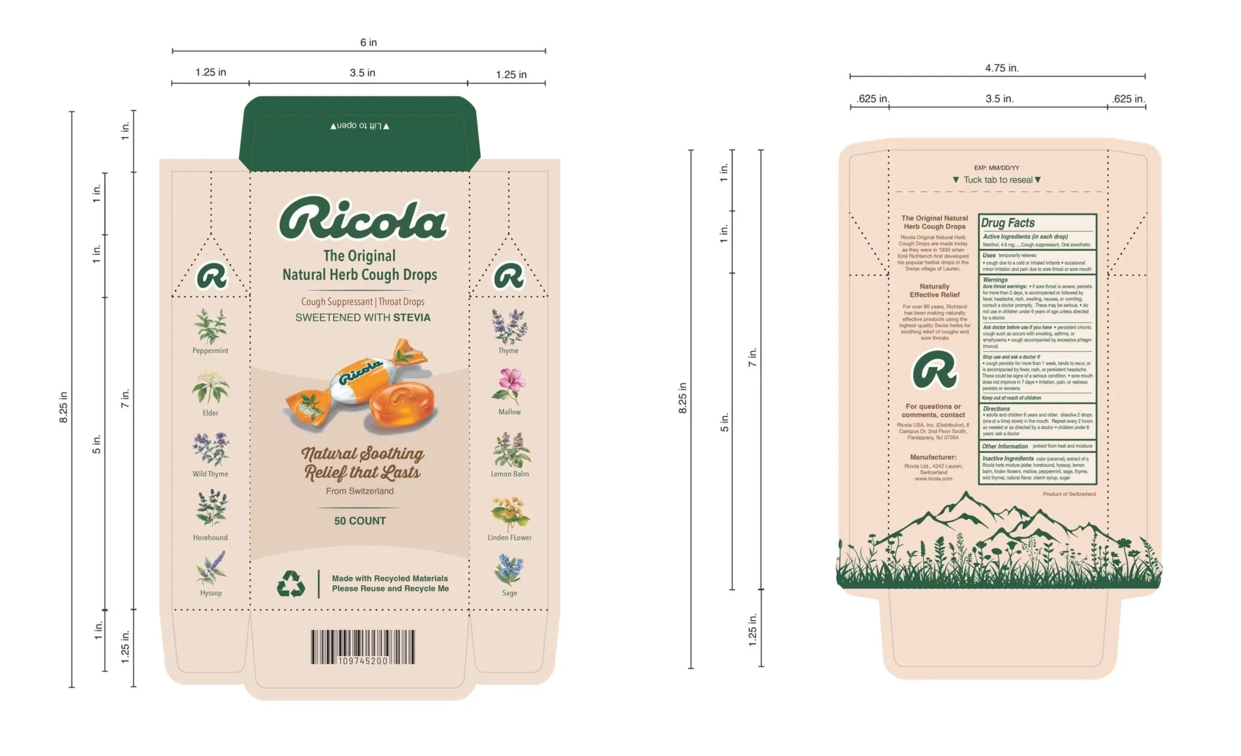 Packaging design for Ricola natural herb cough drops, featuring a beige background with green, lavender, and pink accents. The front displays the Ricola logo, product description, and ingredients, with illustrations of herbs such as peppermint, thyme, elder, and others. The back provides detailed drug facts, usage instructions, warnings, and manufacturer information, with a mountain and grass graphic at the bottom.