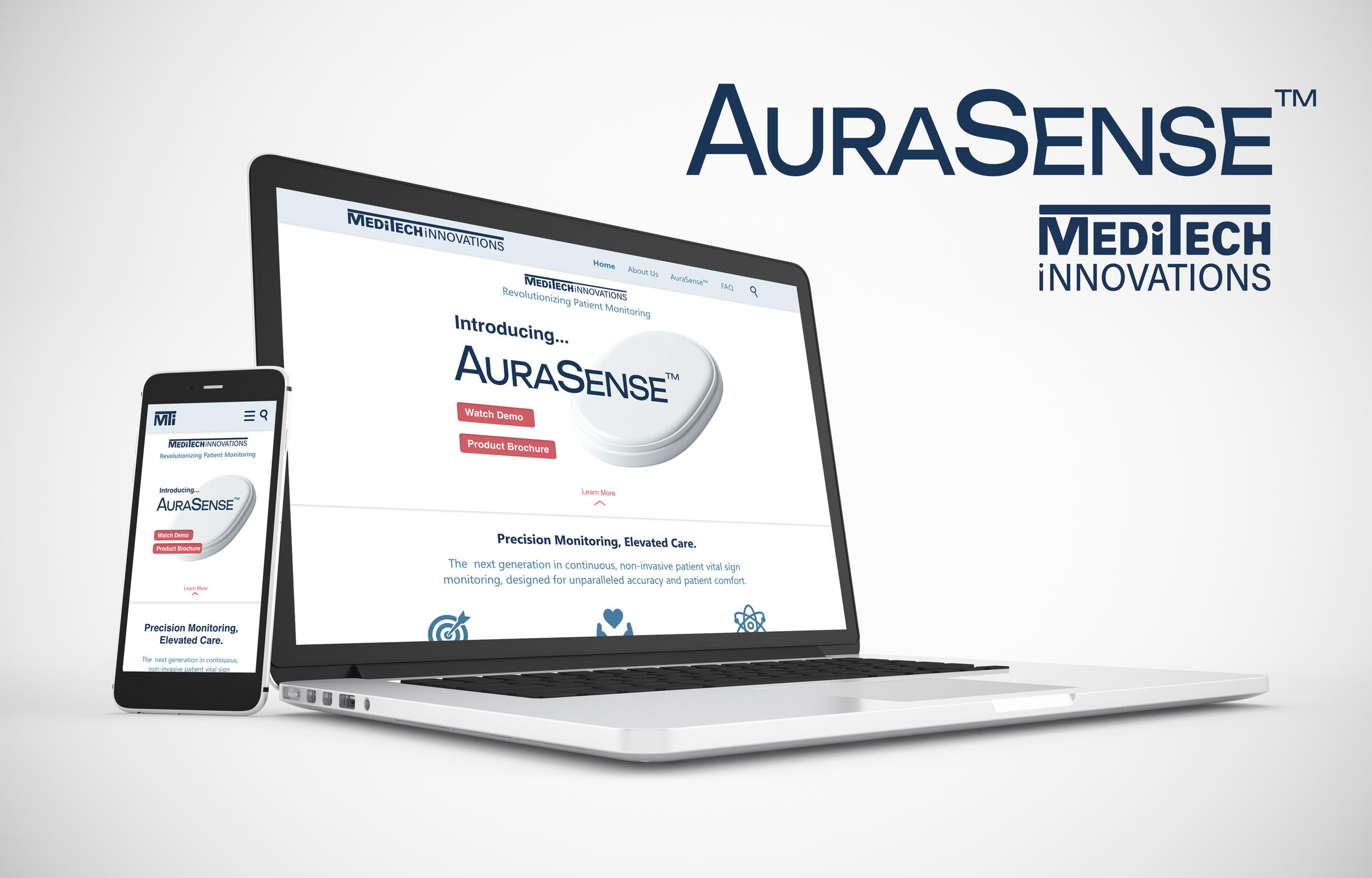   AuraSense Mock Website  , Adobe XD, Adobe Illustrator, 2025.

 A fictional mock website for a medical device. Created with a mobile-first design then integrated into a desktop format. Logos were made on Adobe Illustrator, all other assets are from 