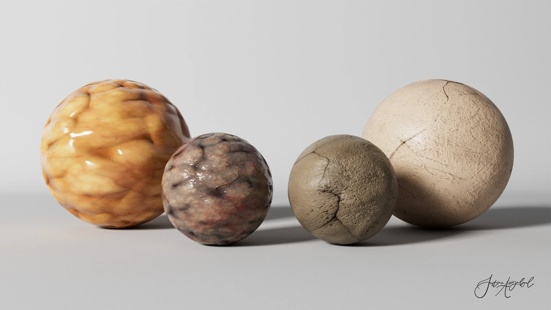   Procedural Materials2  Adobe Substance Designer, Cinema 4D Redshift, 2026.

 Procedural materials created in Substance Designer and refined in Cinema 4D: adipose tissue (left) and bone (right). The smaller spheres demonstrate the flexibility of the