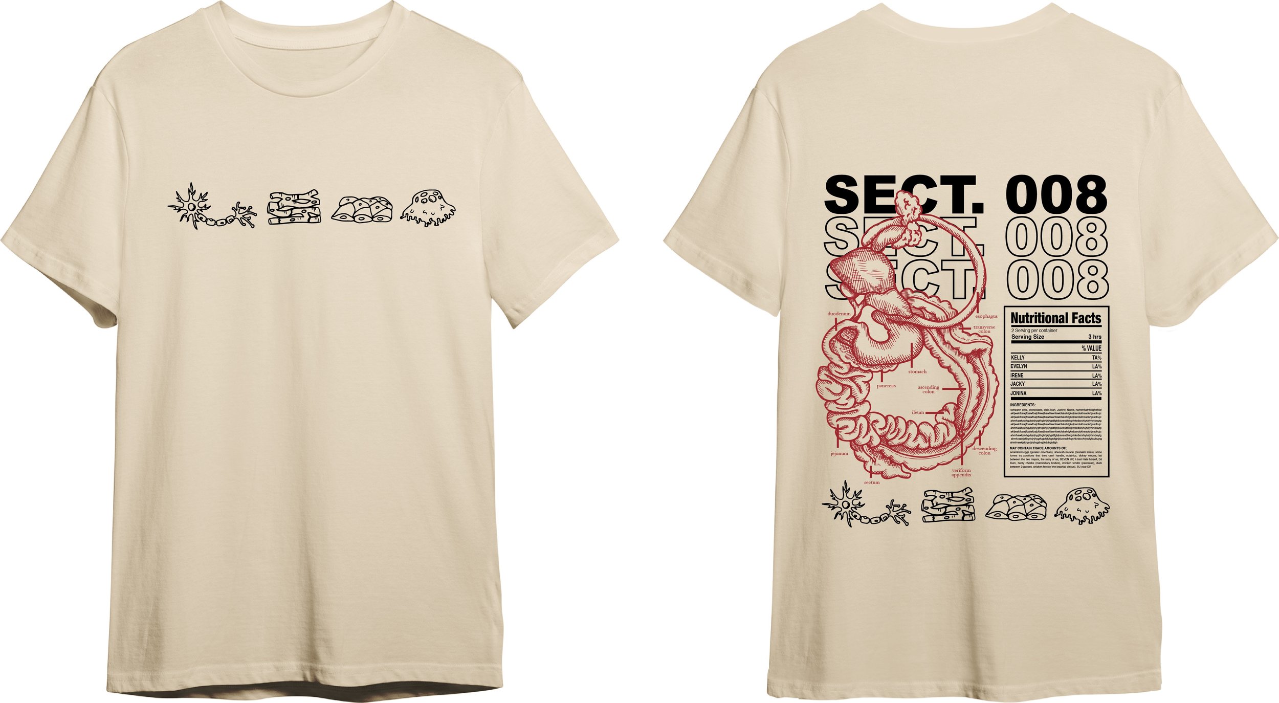   EXB106L Section 8  , Procreate, Adobe Photoshop, Adobe Illustrator, 2024.

 One student per lab section gets the opportunity to create a T-shirt design for the class. The design was based on a play on words with the number "8" and the word "ate". I