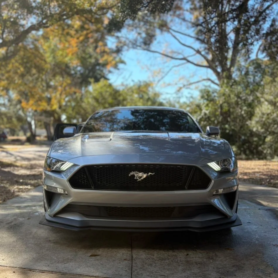 Front view of a silver Ford Mustang car parked on driveway with trees and blue sky in background.