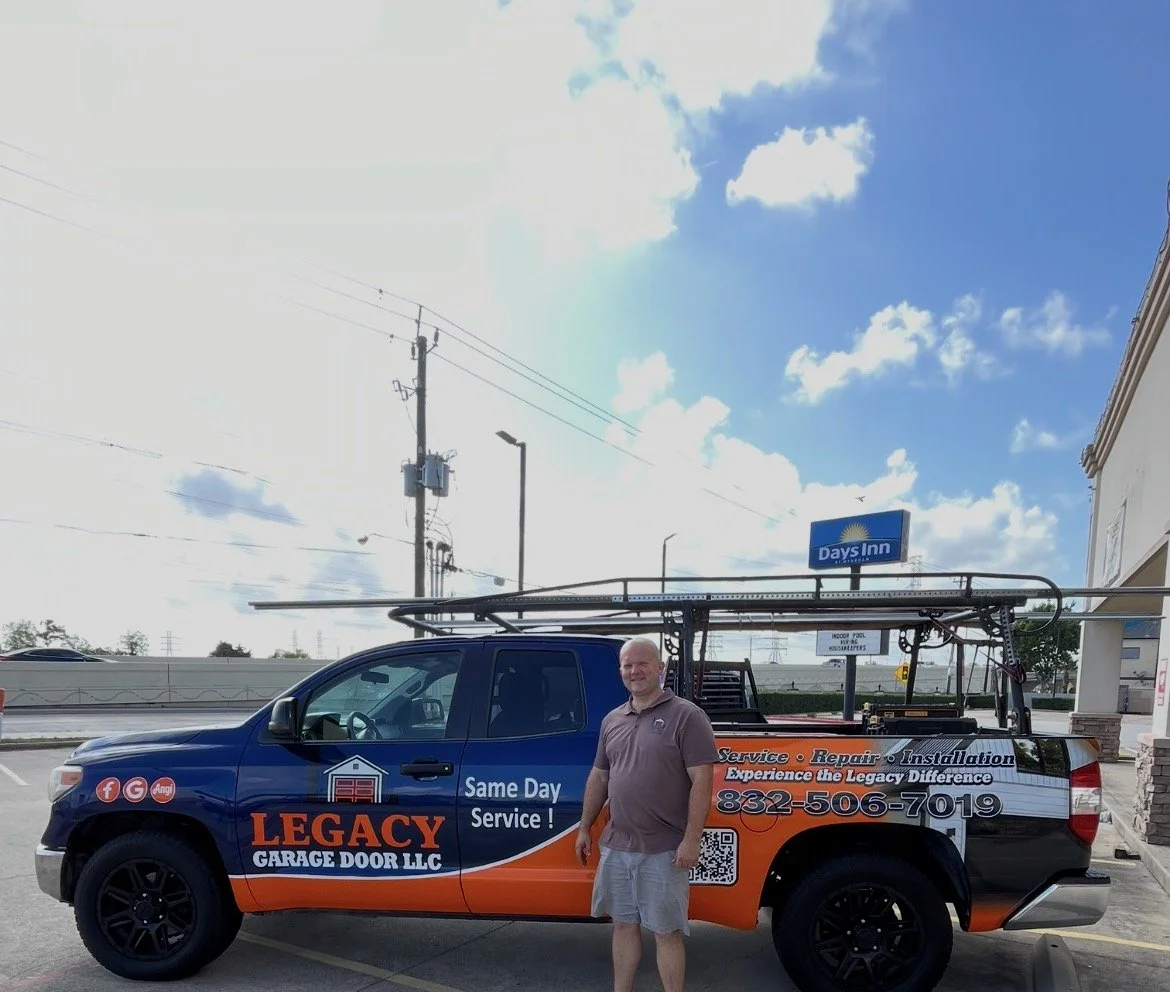 Legacy Garage Door LLC owner-operated garage door repair service truck in Houston Texas.