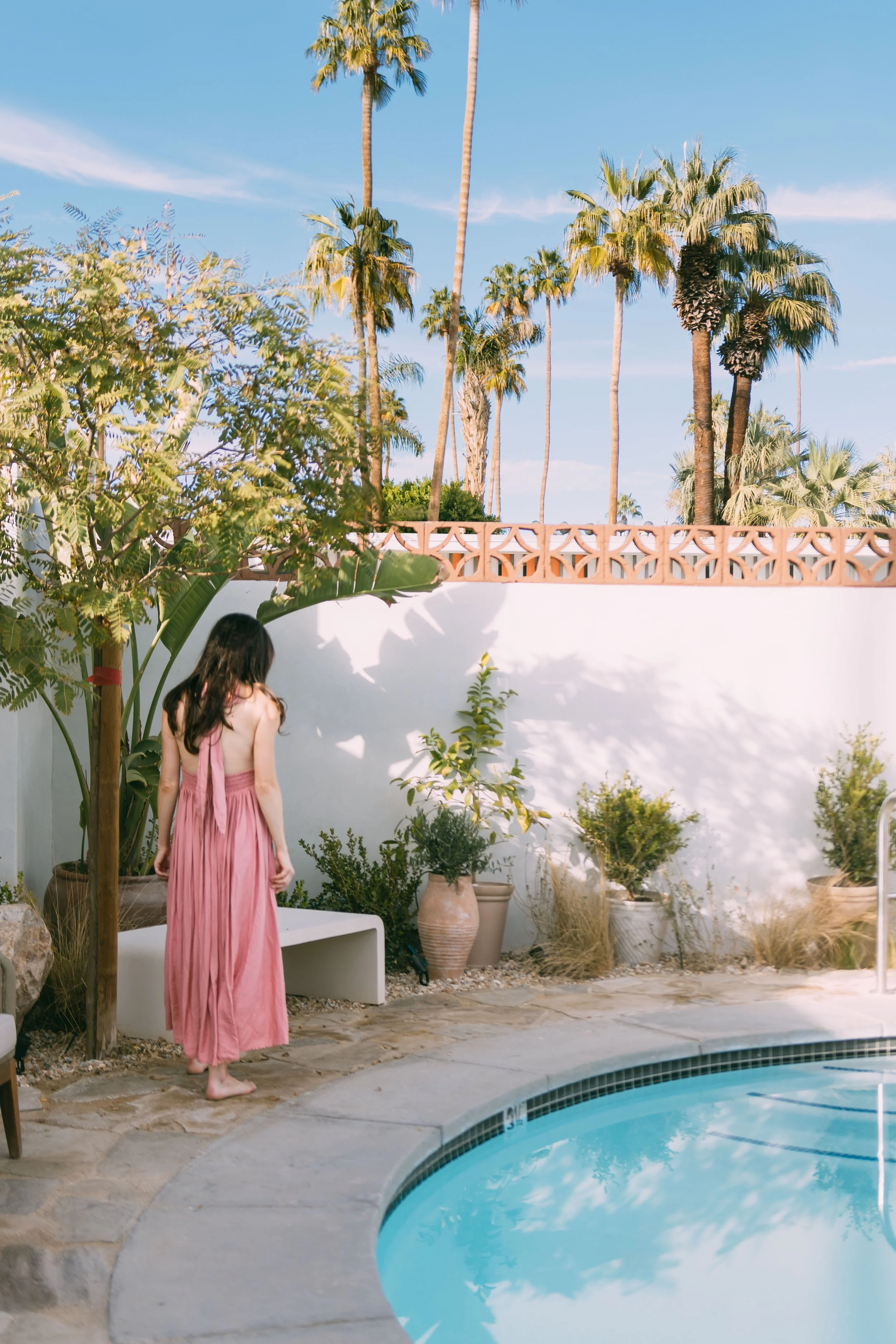 A woman in a pink dress stands at the edge of a swimming pool in a backyard, surrounded by potted plants and tall palm trees under a bright blue sky.