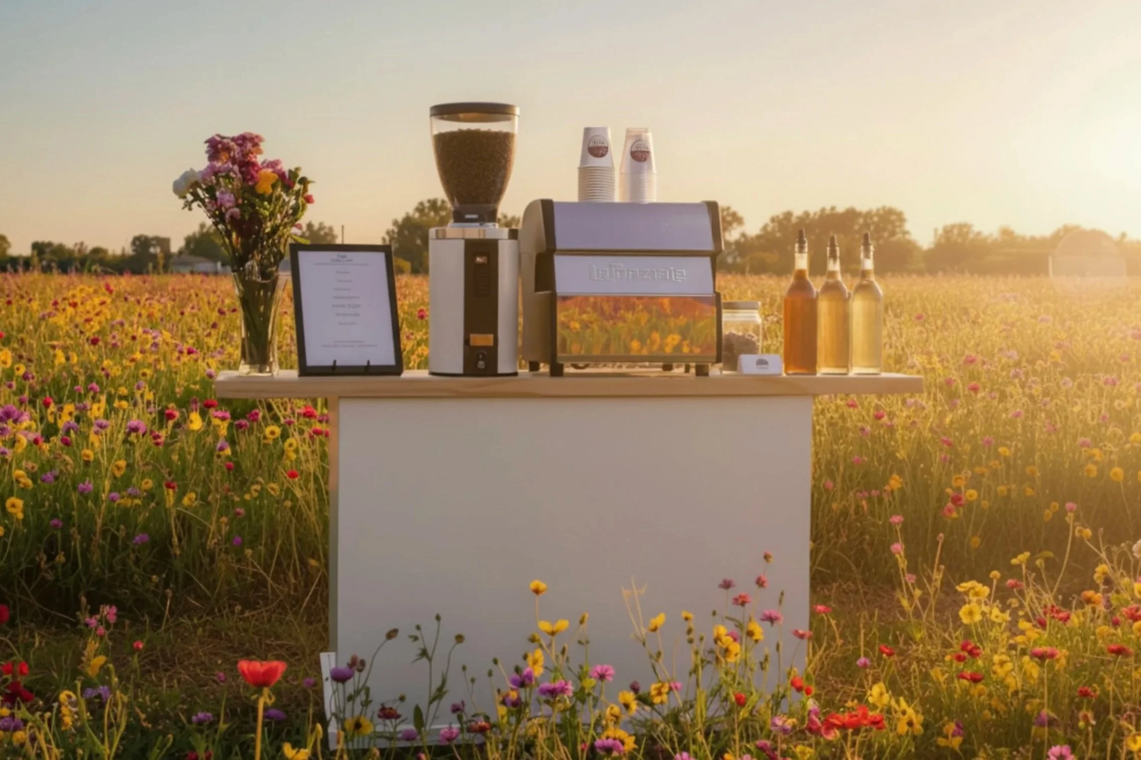 A coffee stand setup in a field of colorful flowers at sunset, featuring a coffee grinder, cooler, cups, and bottles.