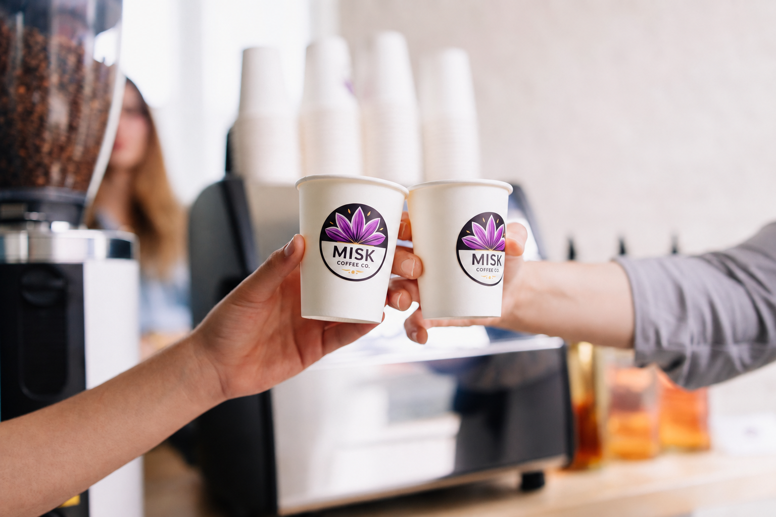 Two people clinking paper cups with a purple lotus flower logo labeled "MISIK Coffee Co." at a coffee shop.