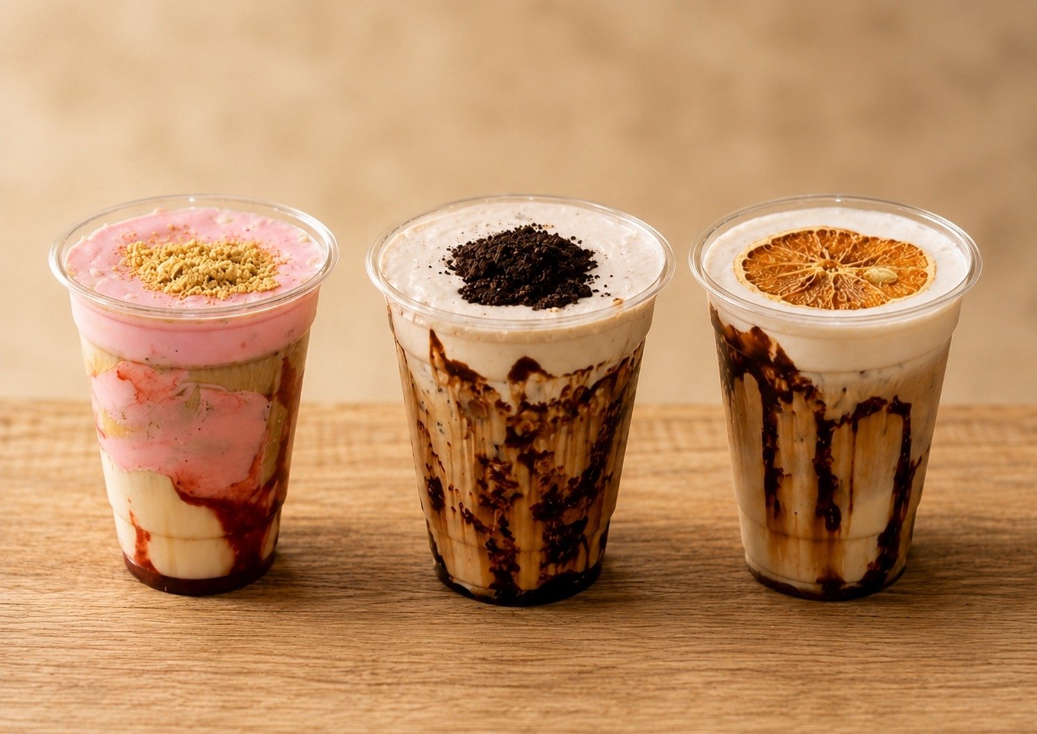 Three creamy milkshakes topped with toppings and drizzled with chocolate syrup, placed on a wooden surface.