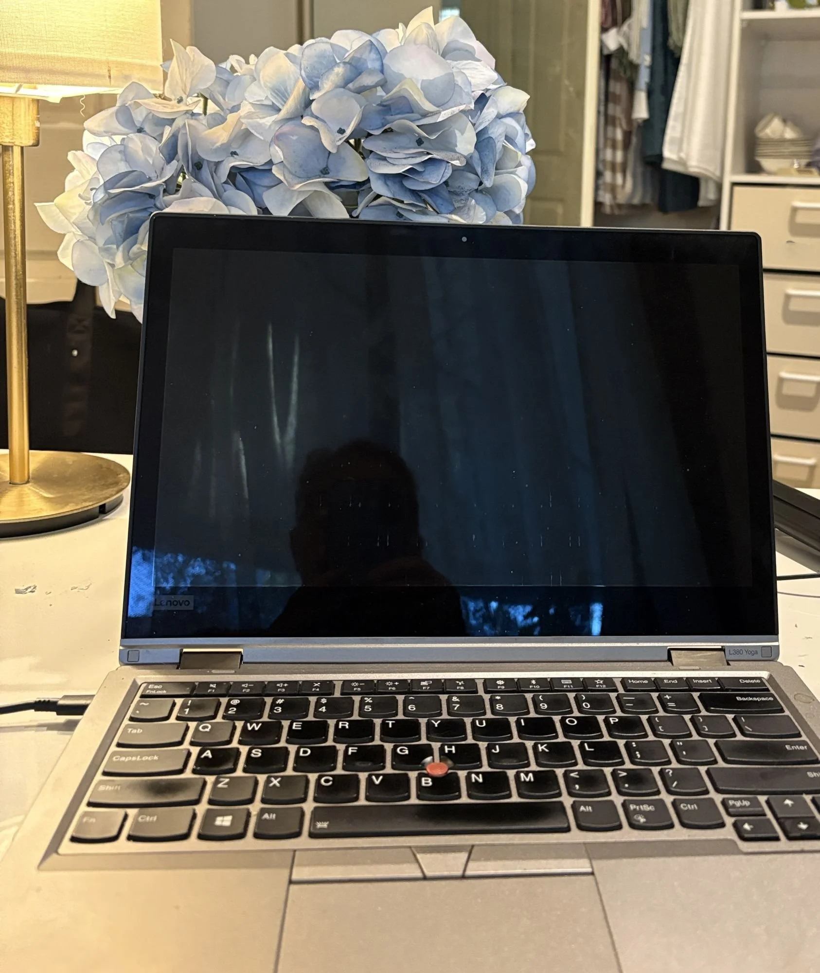Laptop computer on a white desk with a table lamp and blue hydrangeas, with an open wardrobe visible in the background.