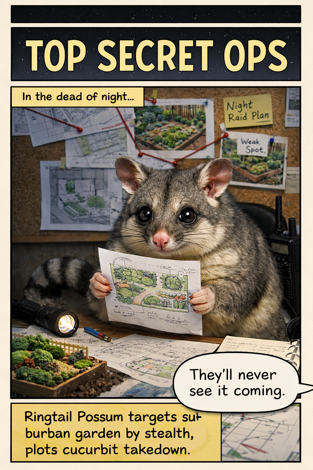 A ringtail possum sits at a desk studying a garden plan, surrounded by maps and notes on a corkboard labeled “Top Secret Ops,” suggesting a humorous nighttime raid on a suburban vegetable patch
