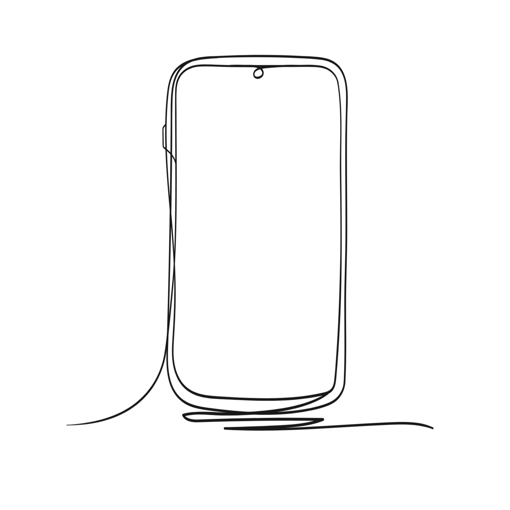 Outline drawing of a smartphone on a surface with a charging cable plugged into it.