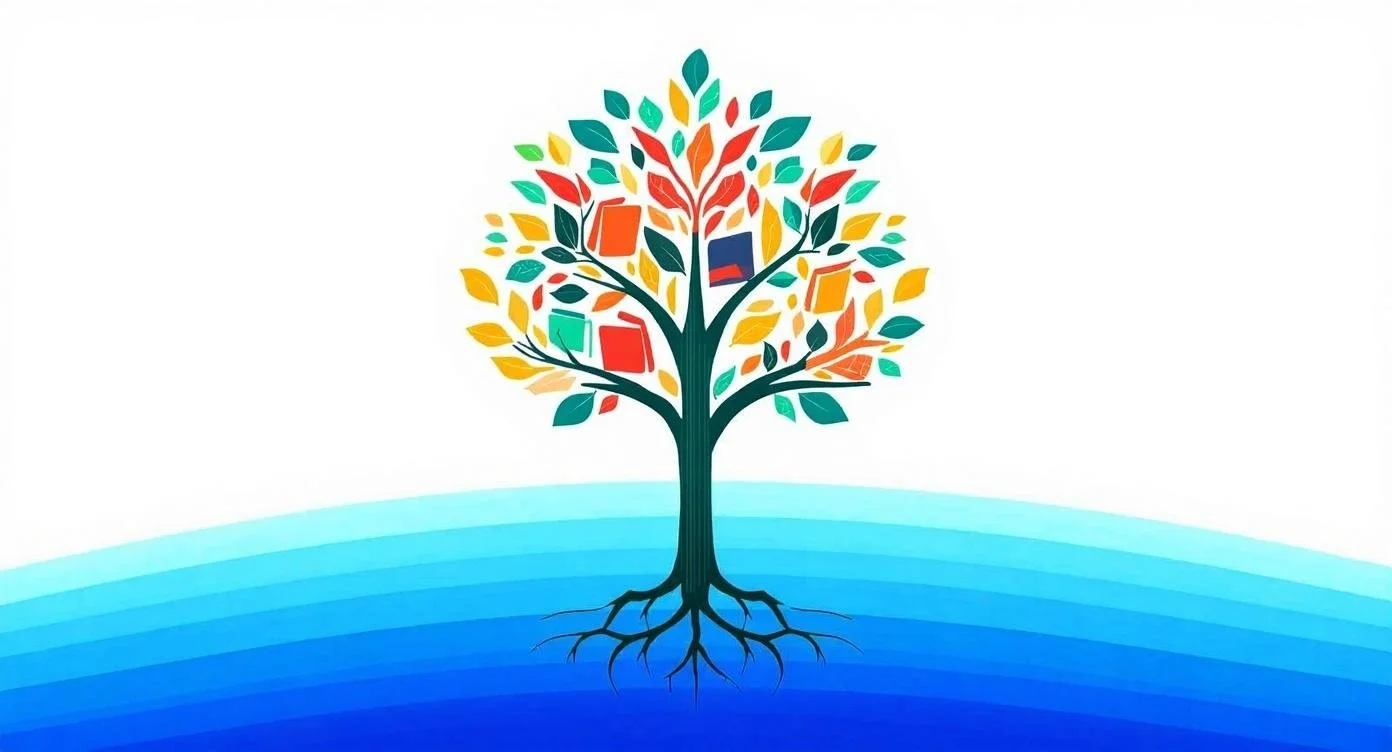 Colorful tree with book-shaped leaves above a blue gradient ground.