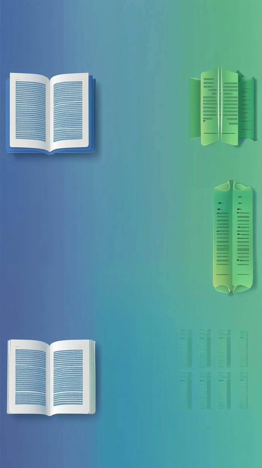 Four open books with text on pages, two placed on the left side and two on the right side, with their reflections visible on a glossy surface. The background transitions from blue on the left to green on the right.