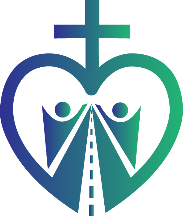 A logo featuring a heart shape with two human figures inside holding hands, and a road running through the middle.