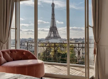 View of the Eiffel Tower through large windows with curtains, overlooking a balcony with a pink couch.