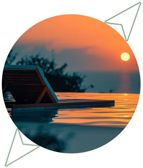 Sunset over a pool with a lounge chair, trees, and a paper airplane illustration.
