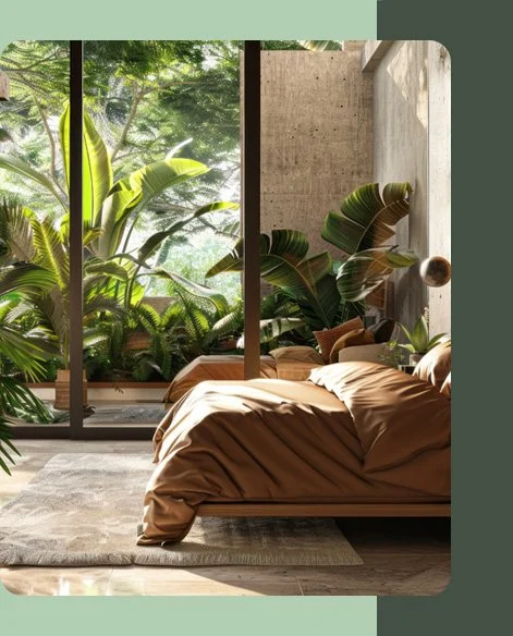 Bedroom with large glass windows overlooking tropical plants and trees, tan bedding, and a wooden floor.