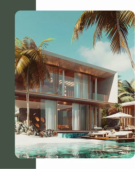 Modern two-story house with large glass windows, surrounded by palm trees and a swimming pool with lounge chairs and an umbrella.