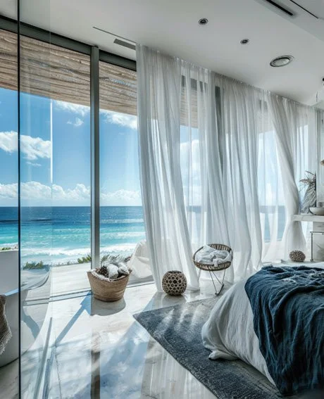 A modern bedroom with large glass sliding doors, white curtains, ocean view, bed with navy blue bedding, woven baskets near the door, and a small white side table.