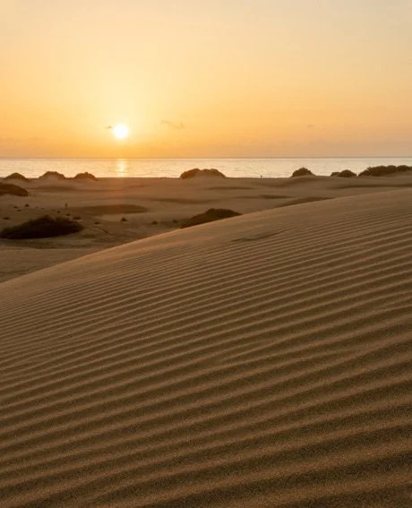 Sunset over sand dunes and the ocean with rippled sand in the foreground.