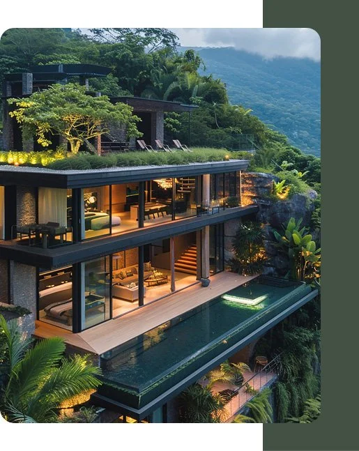 Luxury modern house built into a hillside with an infinity pool overlooking tropical greenery and mountains.