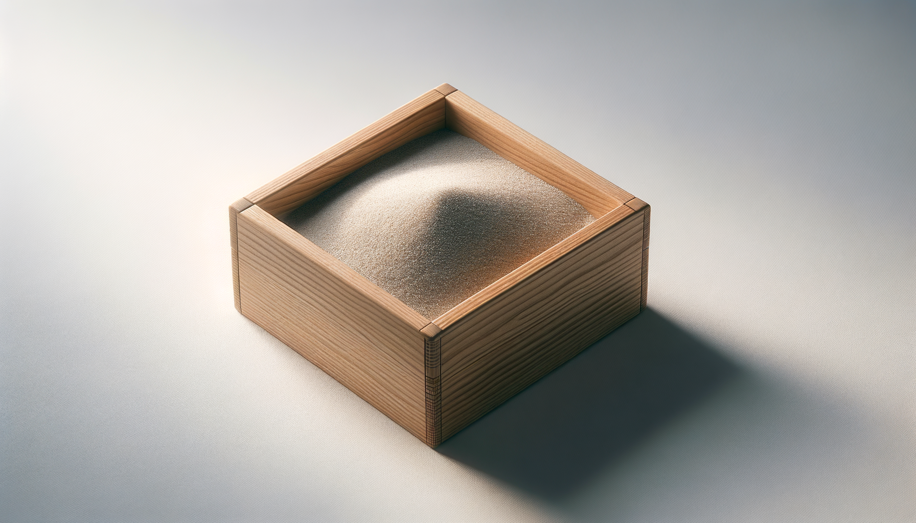 A wooden square box with a textured sand-like surface inside, casting a shadow on a light grey background.