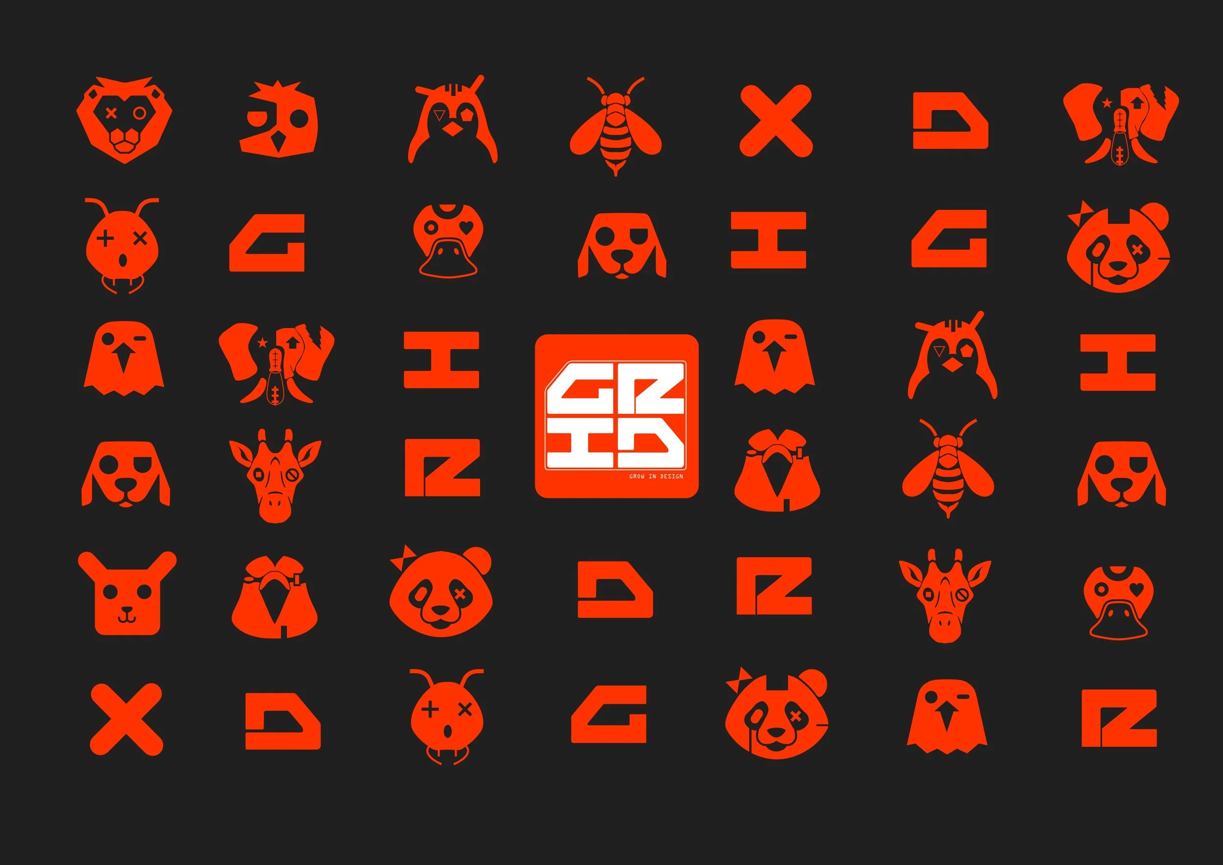 A collection of Halloween-themed icons in red on a black background, including a lion, doll, bee, skull, dog, and panda faces, along with geometric shapes and a central logo that says 'GROW IN DESIGN'.