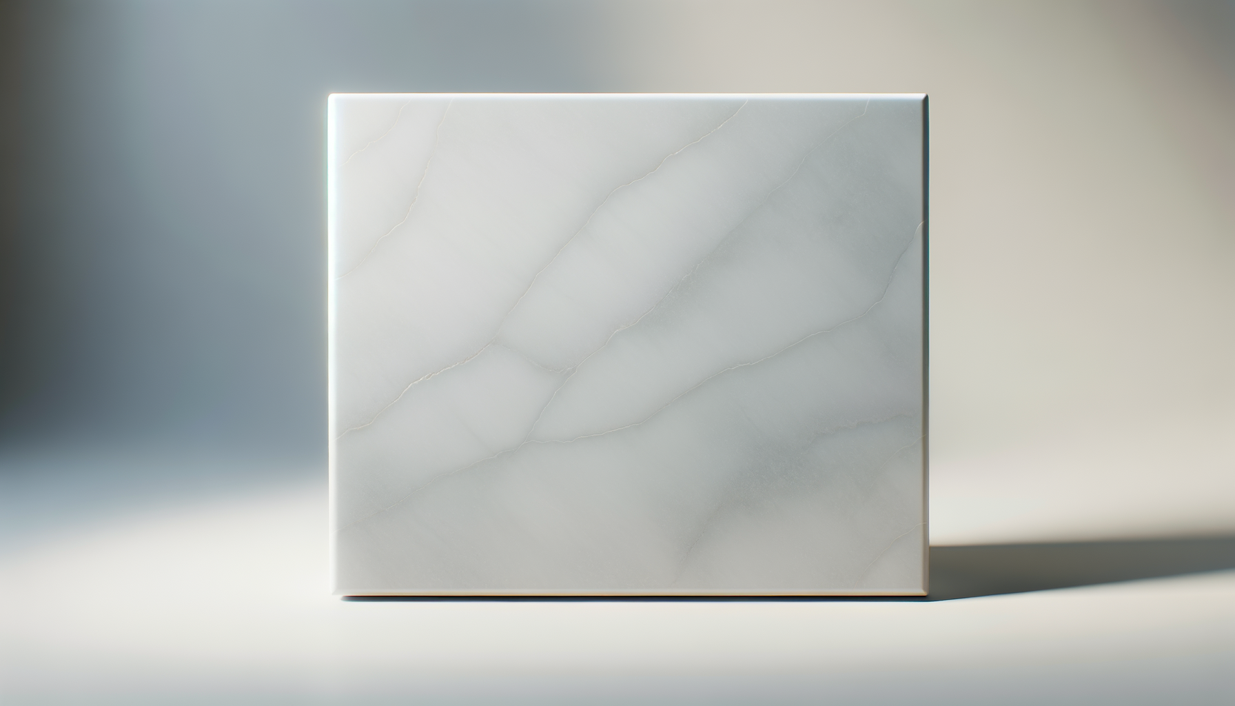 A white marble cube with gray veining, illuminated from behind, casting a shadow on a neutral background.