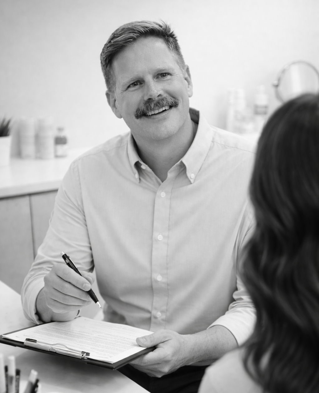 A man with a mustache and light-colored shirt smiling while talking to a woman, sitting at a table with a clipboard and pen.