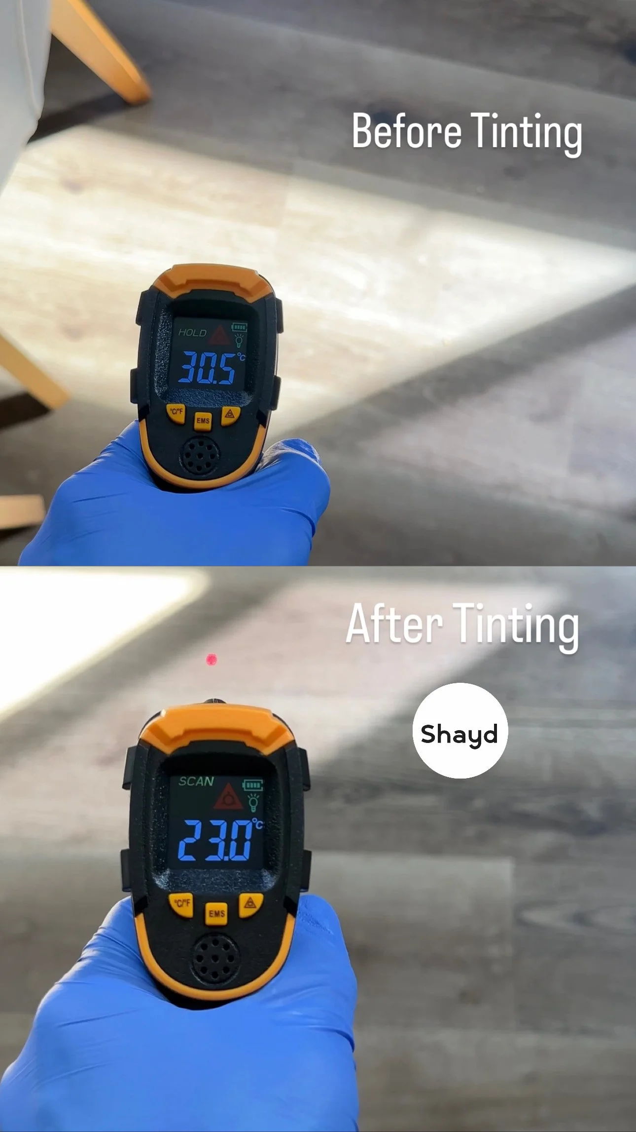 Comparison of a thermometer reading before and after tinting. The reading before tinting is 30.5°C, and after tinting is 23.0°C. Adelaide Tint Difference