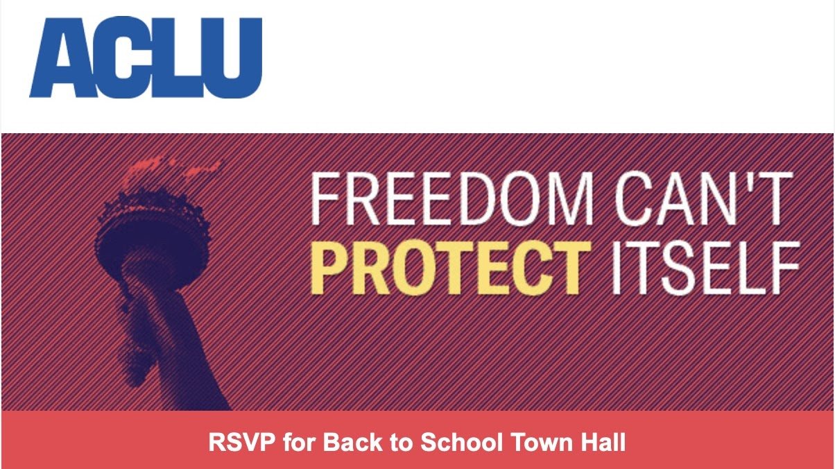 ACLU Logo. Red box below with Lady Liberty's torch and "freedom can't protect itself" in white