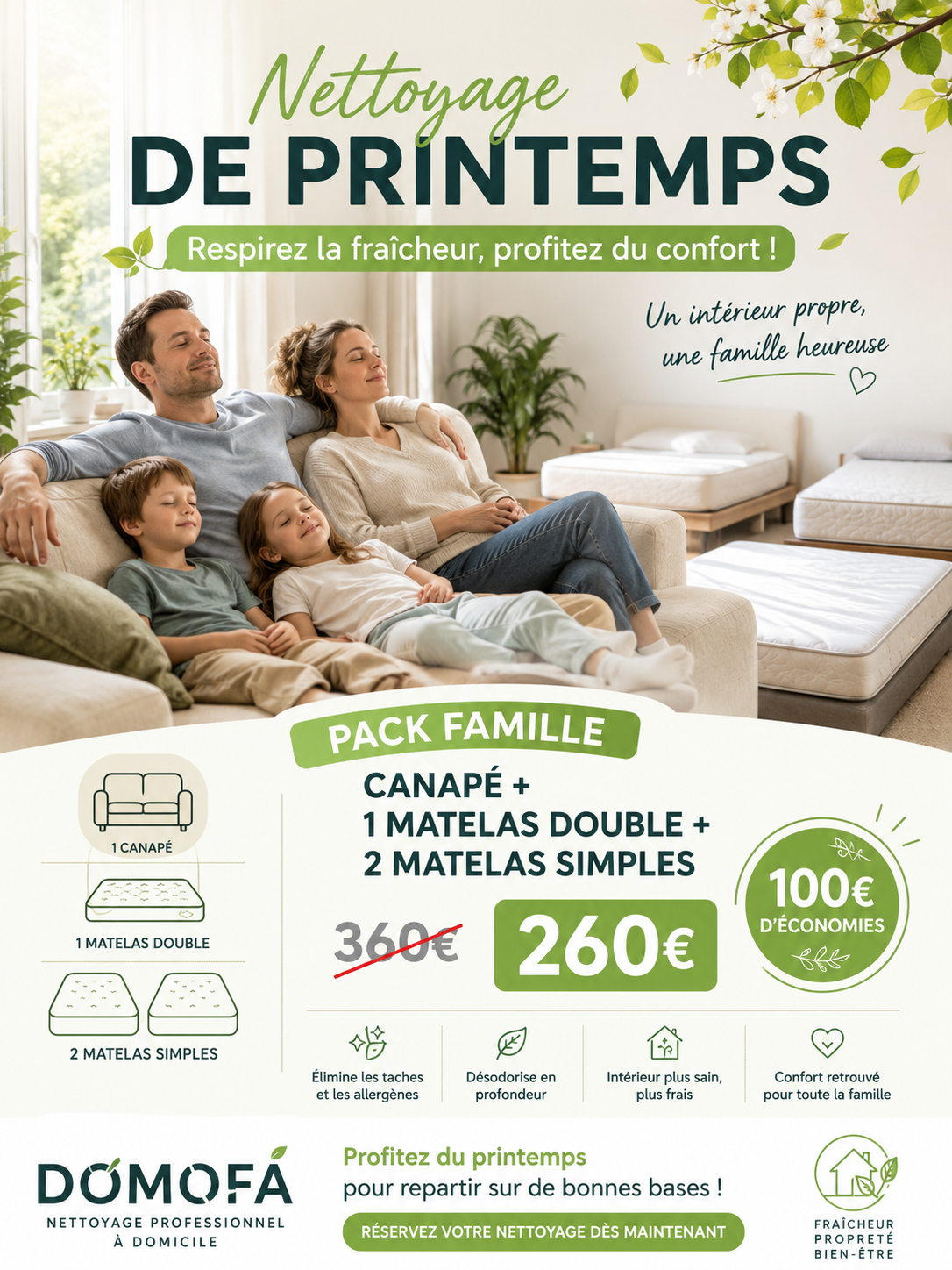 DOMOFA – Nettoyage de matelas et canapés à domicile en Tarn-et-Garonne

Redonnez fraîcheur et hygiène à votre intérieur grâce à notre service professionnel de nettoyage de matelas, canapés, fauteuils et textiles d’ameublement. Élimination des taches.
