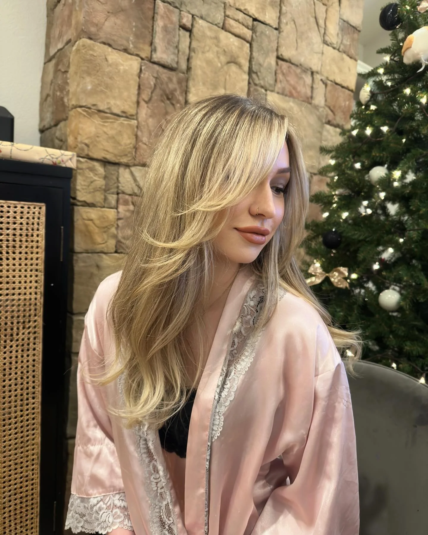 Tiny refresh on @hayleeannferguson. Toned out some brass with @schwarzkopfusa IGORA and gave her some curtain bangs &amp; a trim.