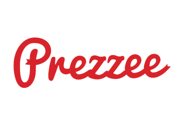 Prezzie logo in red cursive font on a black background.