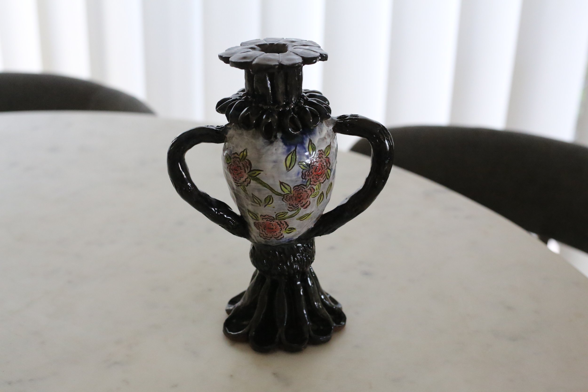Handmade Sgraffito Floral Vase with Shell Ruff