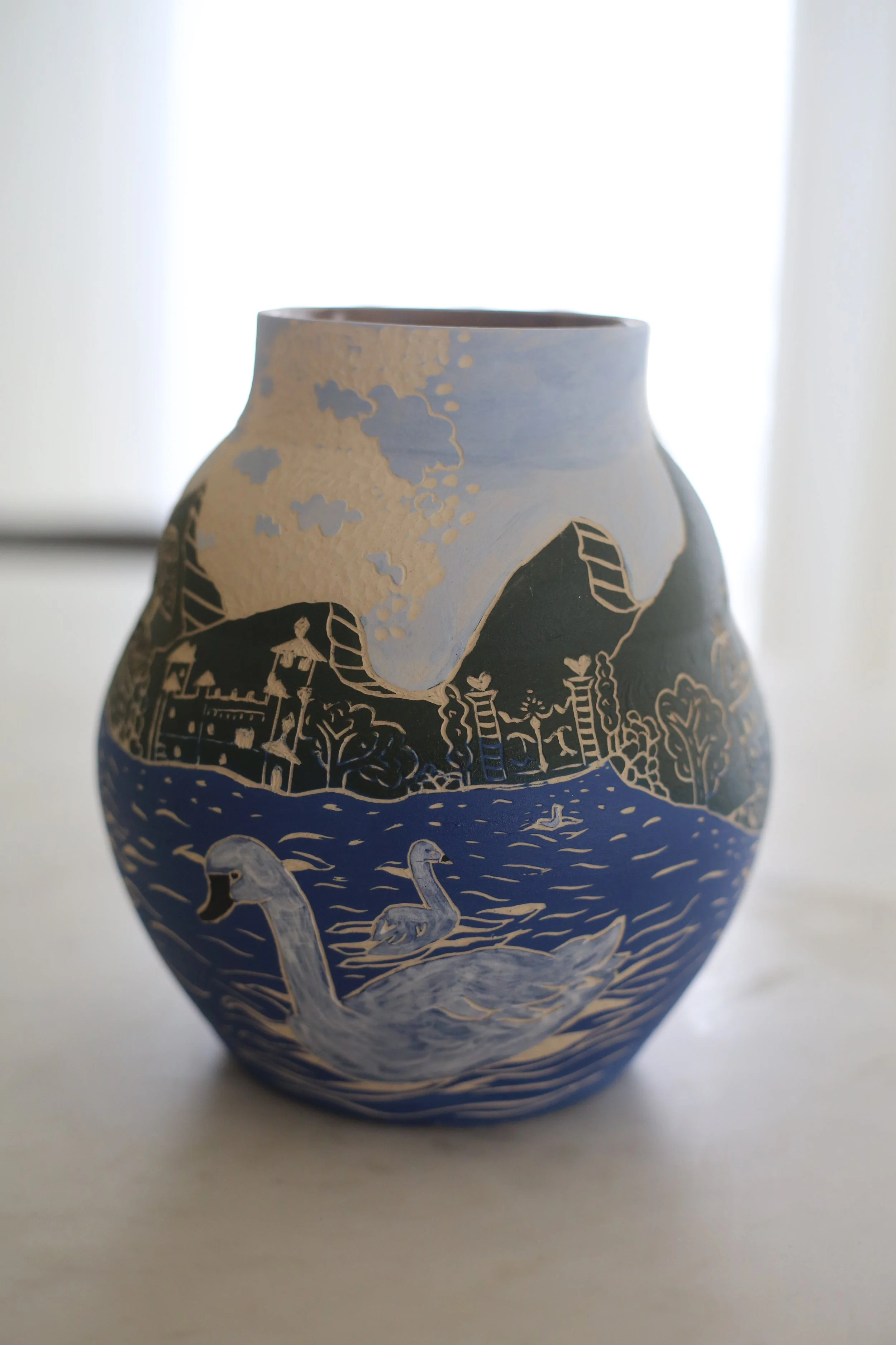 Lake Como sgraffito ceramic vase by Amy Ambrose.