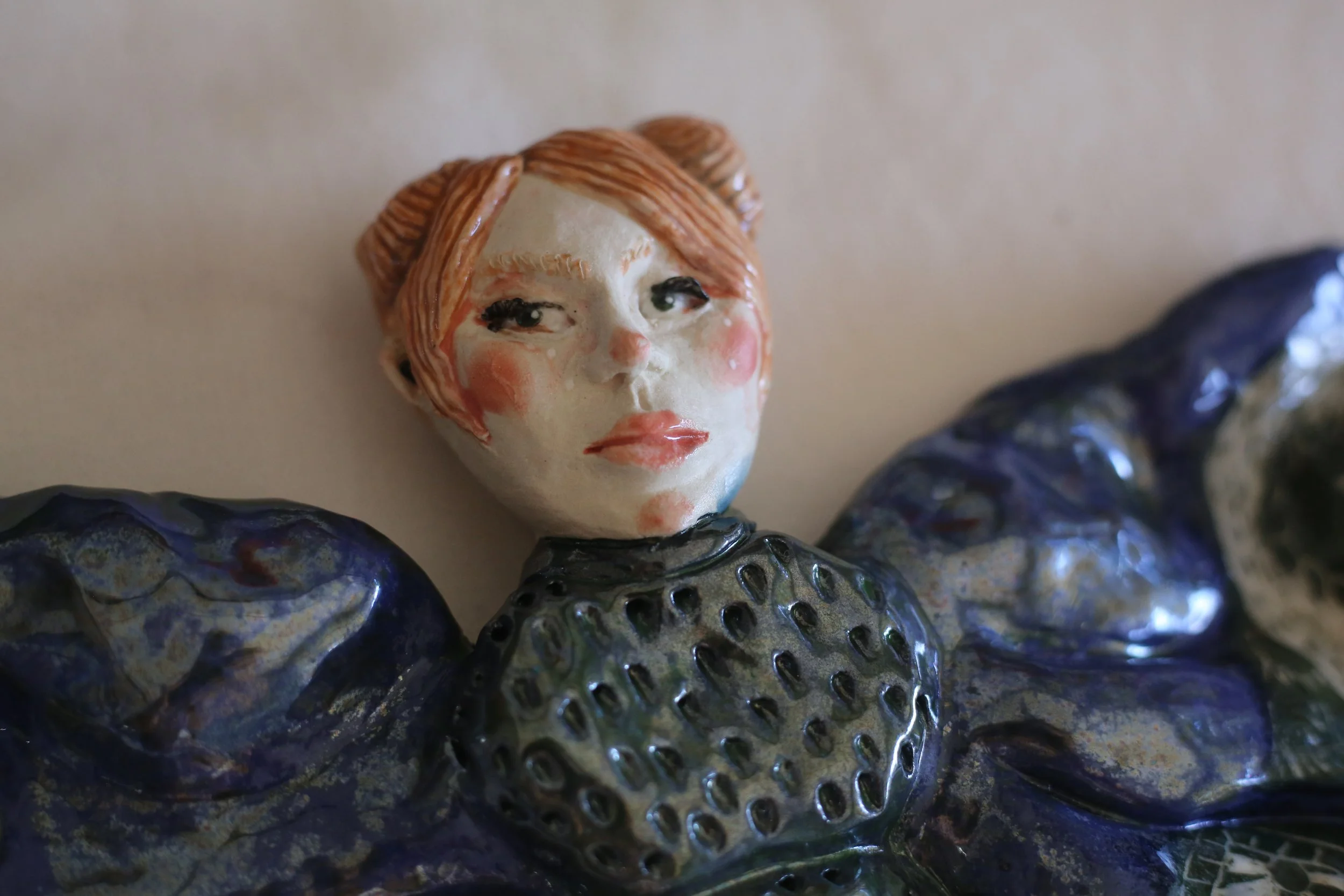 "Growing Pains" Sgraffito Sculpture of a Moth Girl - Close Up