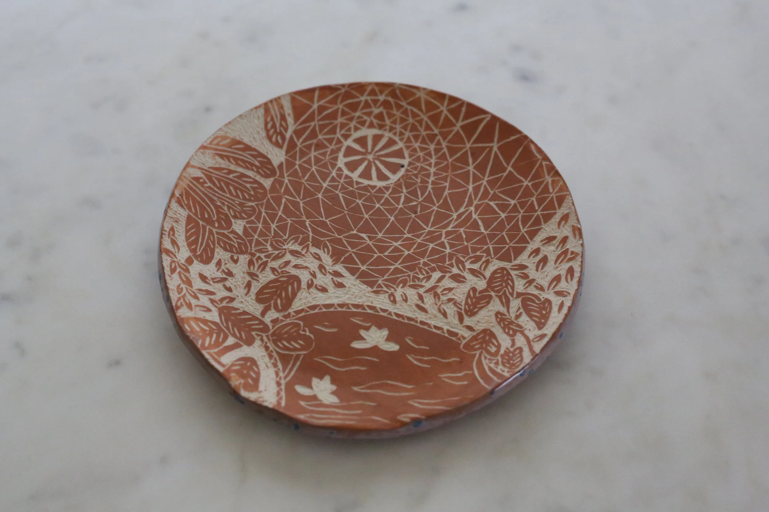 Terracotta and White Clay Sgraffito Plate with Butterfly House Design