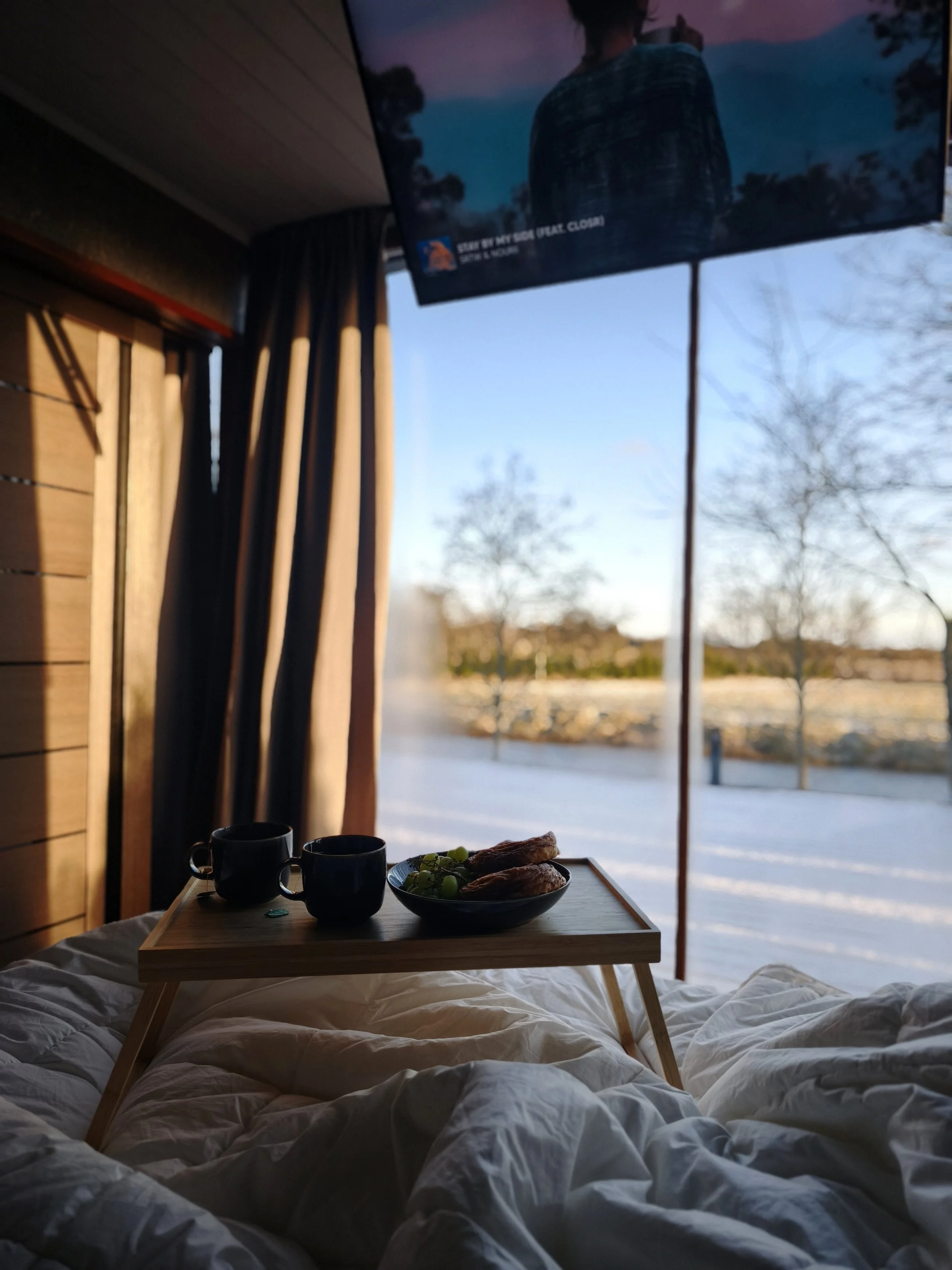 A cozy bedroom with a bed and a breakfast tray holding two cups, a bowl of grapes, and toast, in front of a large window showing a snowy landscape and leafless trees, with a television mounted on the wall.