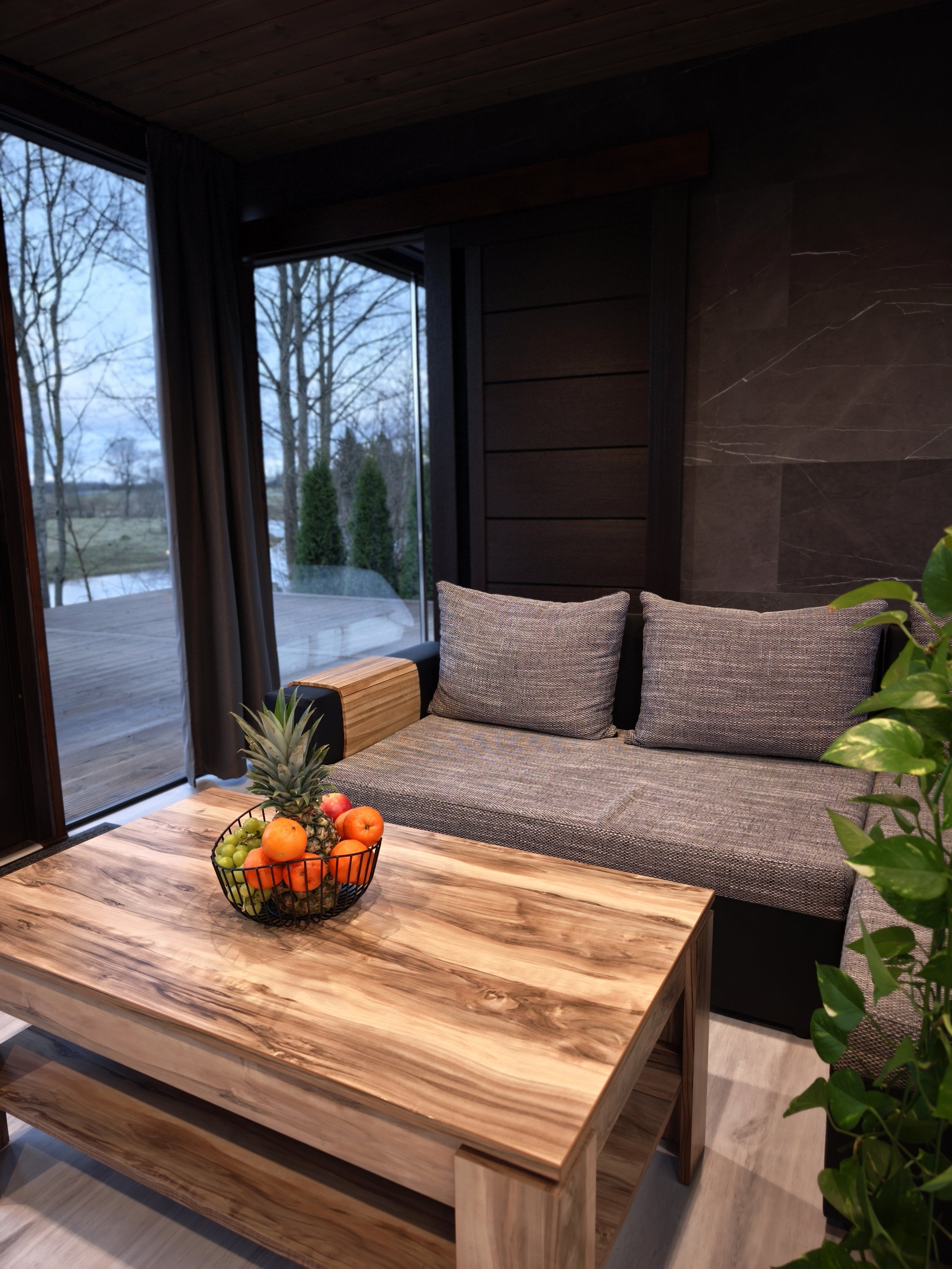 Living room with large glass sliding door, wooden ceiling, dark wood wall, gray sofa, wooden coffee table with a bowl of fruit including pineapple, apples, and grapes, and green leafy plants.