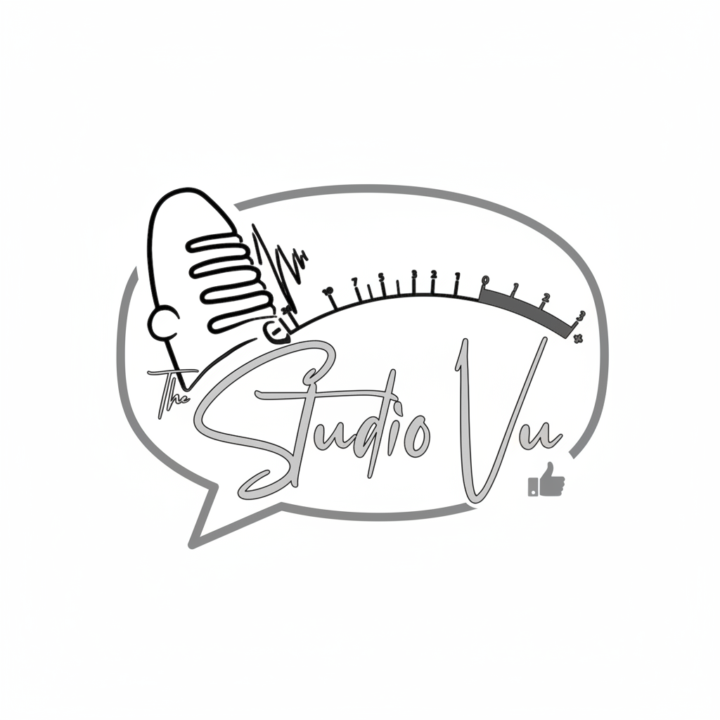 Logo for The Studio Vu featuring a stylized microphone, sound level meter, and a thumbs-up icon inside speech bubble.