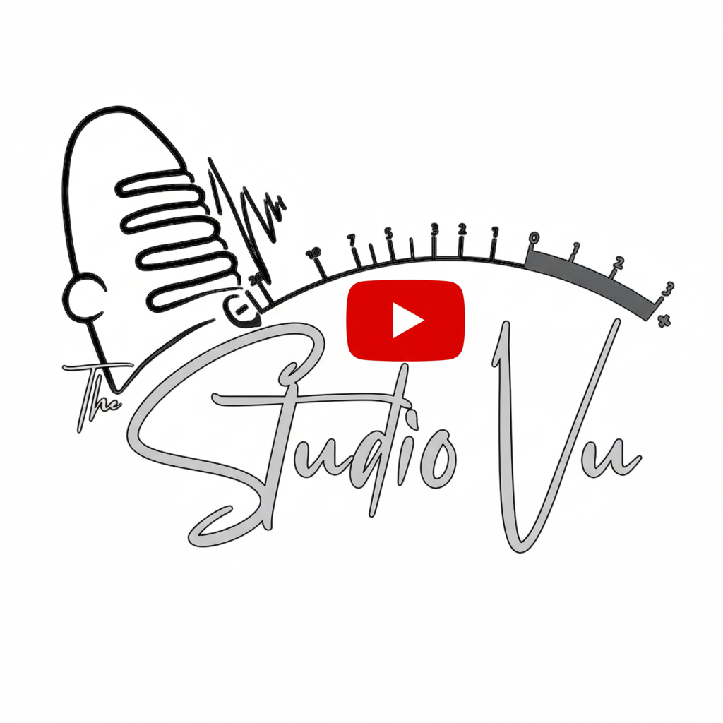 A graphic logo featuring a stylized radio microphone, a sound level meter, and the YouTube play button, with the words "The Studio Vu" written in cursive