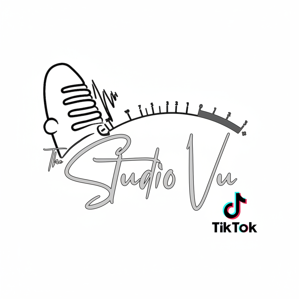 Logo for The Studio Vu featuring a stylized human head with sound wave and audio controls, with TikTok logo at the bottom right.