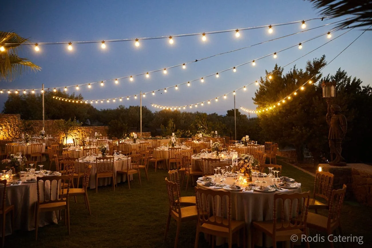 Outdoor evening event with round tables set for dinner, illuminated by string lights overhead, surrounded by trees and a stone wall, with a statue and soft lighting creating a festive atmosphere.