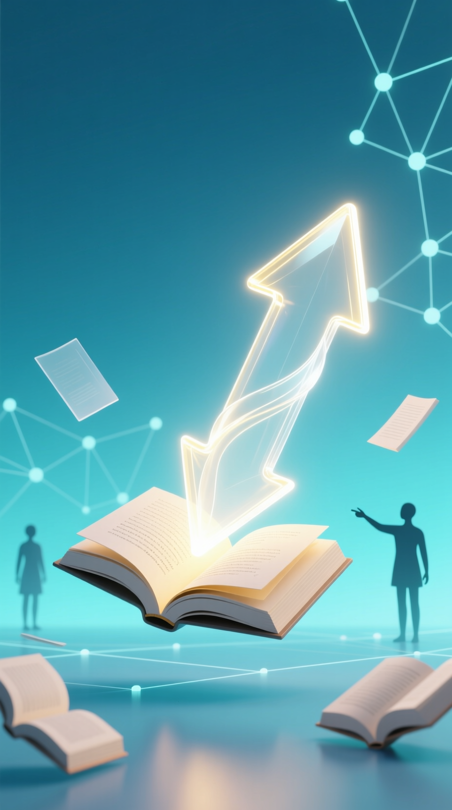 Futuristic digital illustration of an open book with a glowing upward arrow emerging from it, surrounded by floating pages, silhouettes of people, and a network of connected nodes in the background.
