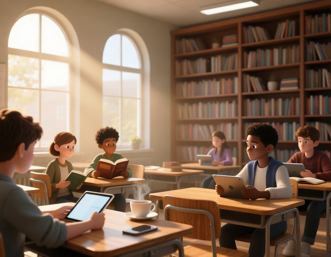 Students in a cozy classroom, sitting at desks near large arched windows, reading books and using tablets, with a large bookshelf in the background.