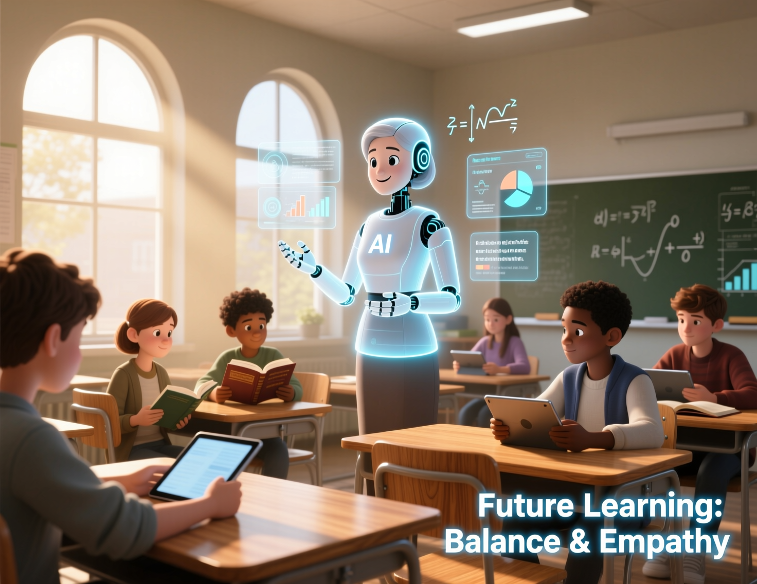 A futuristic classroom with students using tablets and a holographic AI teacher explaining concepts with floating digital charts and formulas. The classroom has large windows with sunlight streaming in and a blackboard with mathematical equations. The image features the text 'Future Learning: Balance & Empathy' in the bottom right corner.