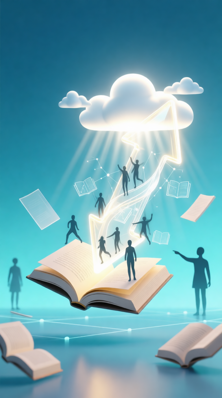 Illustration of an open book with people emerging from it, ascending a glowing arrow toward a cloud with rays of light, surrounded by floating open books and digital elements, symbolizing knowledge and learning.
