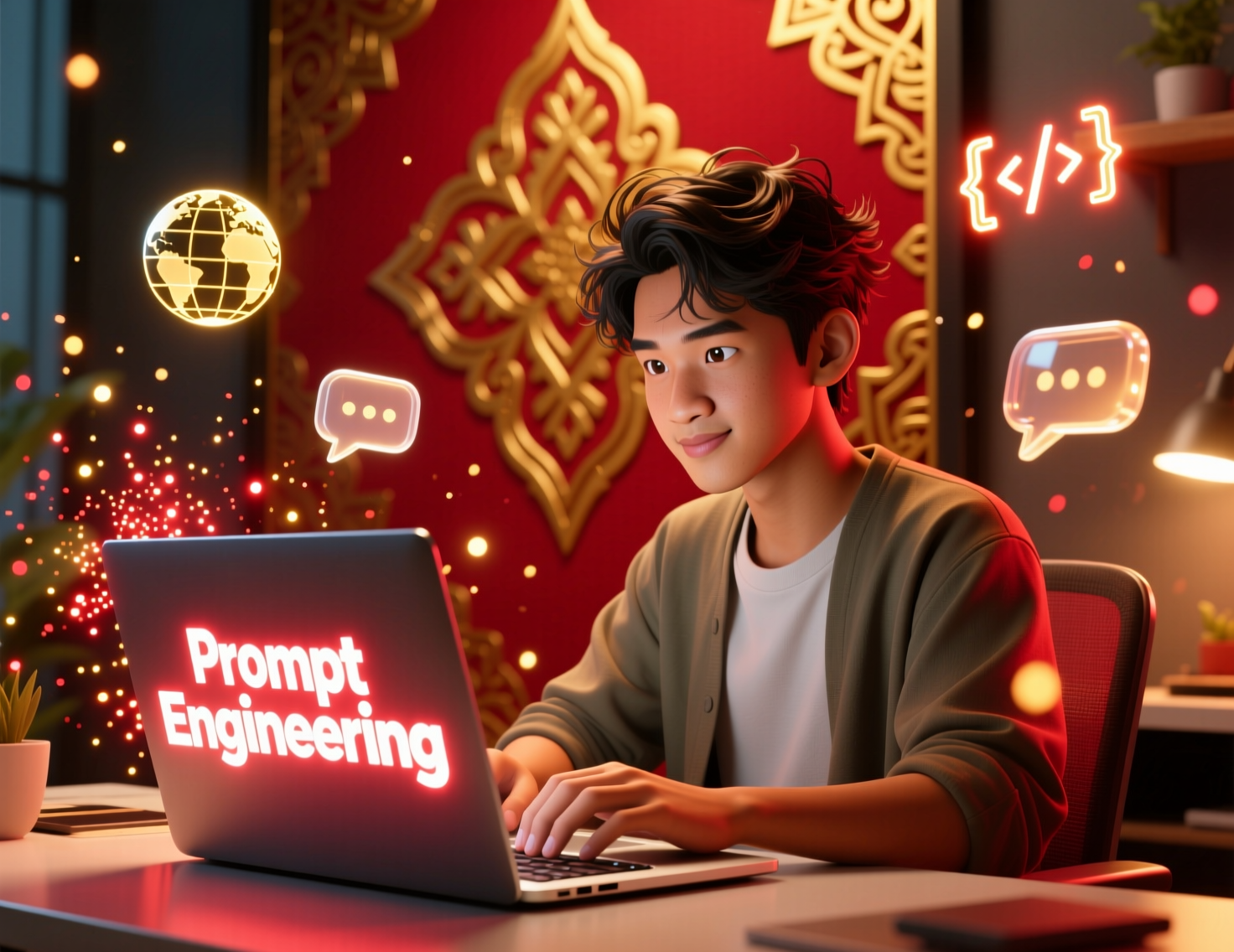 A young man using a laptop with the words 'Prompt Engineering' on the screen, surrounded by digital icons like a globe, speech bubbles, and coding symbols in a decorated, festive workspace.