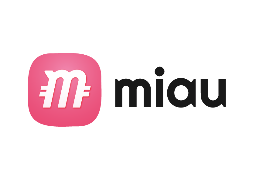 Logo with a pink rounded rectangle background and text that reads 'm' in white with pink lines and 'miao' in black, stylized font.