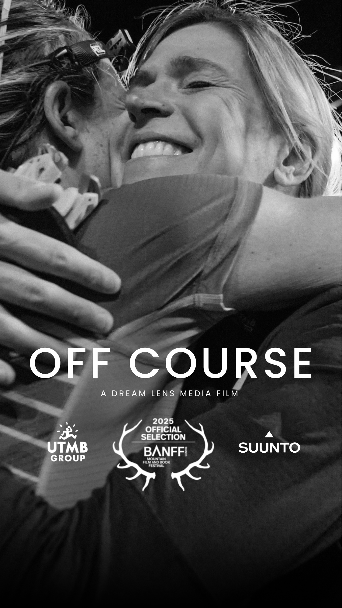Elite ultrarunners, Stephanie Case and Sophie Grant, embracing during a powerful moment in the film "Off Course" by Dream Lens Media, supported by UTMB and Suunto and premiering at the Banff International Mountain Film Festival